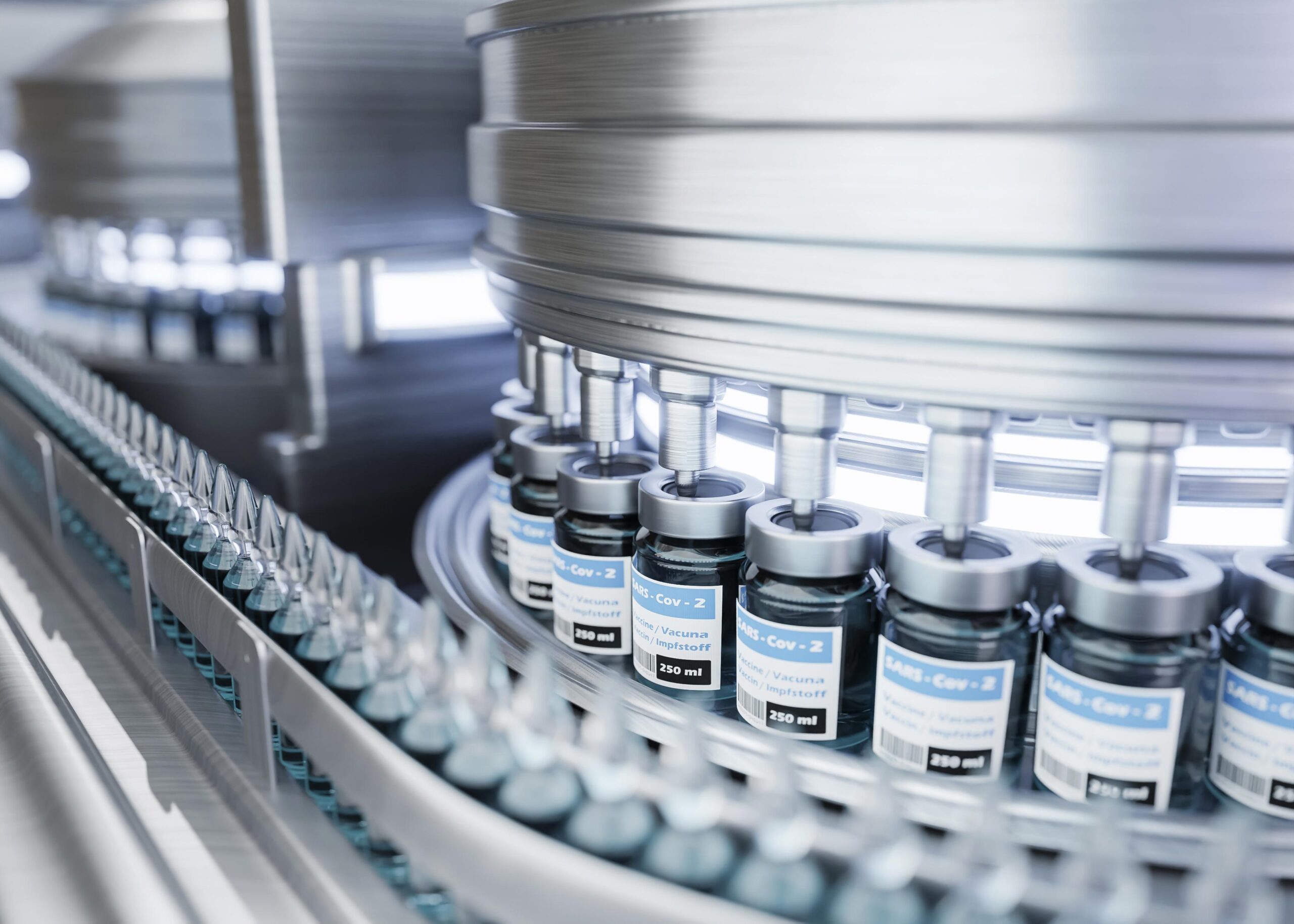 Pharmaceutical manufacturing process in progress, showcasing advanced equipment and machinery used in the production of medicines.
